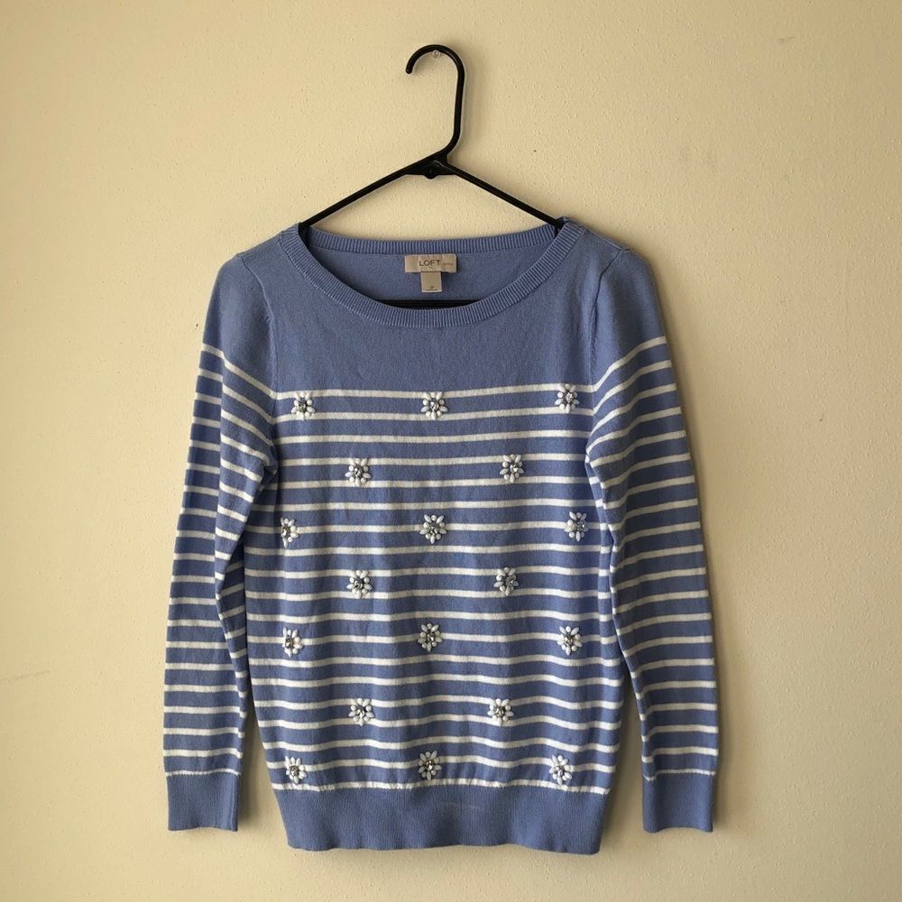 Loft Periwinkle Embellished Striped Sweater